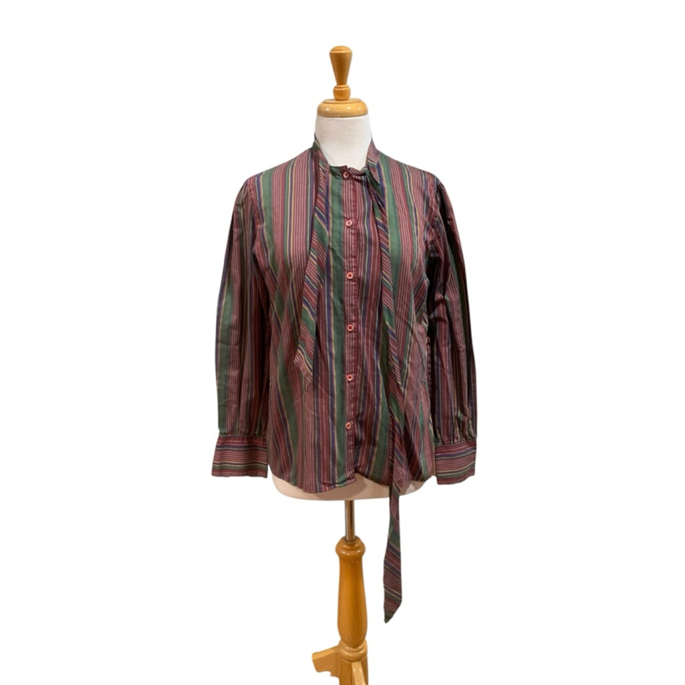 Vntg Women's long sleeved Levi Strauss & Co Striped Blouse Burgundy Green